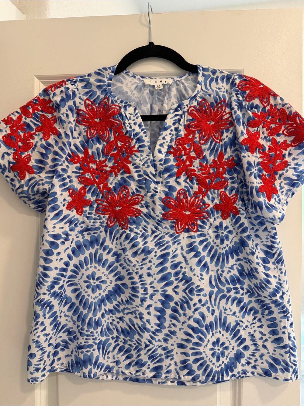 THML Blue Patterned Top with Red Floral Embroidery